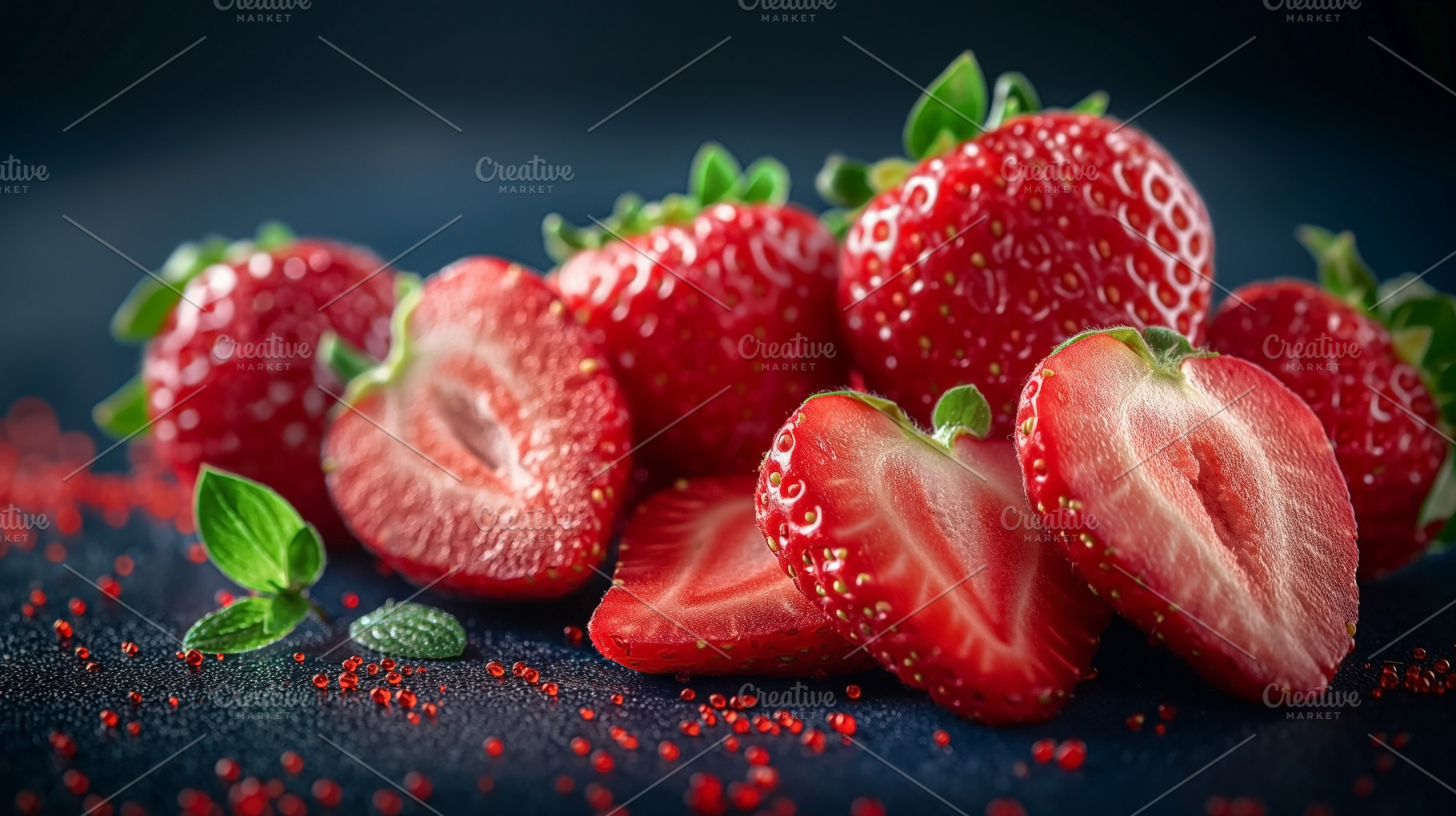 Fresh and ripe strawberries, vibrant red, sliced and whole, show, a Food & Drink Photo by ImageMir