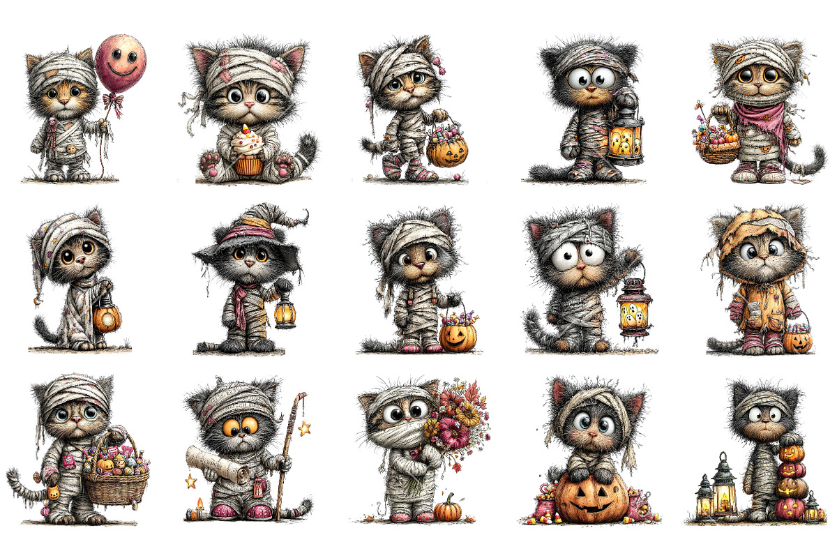 Halloween Mummy Cat Clipart, a Seasonal Illustration by OK Design (Photo 3 of 6)