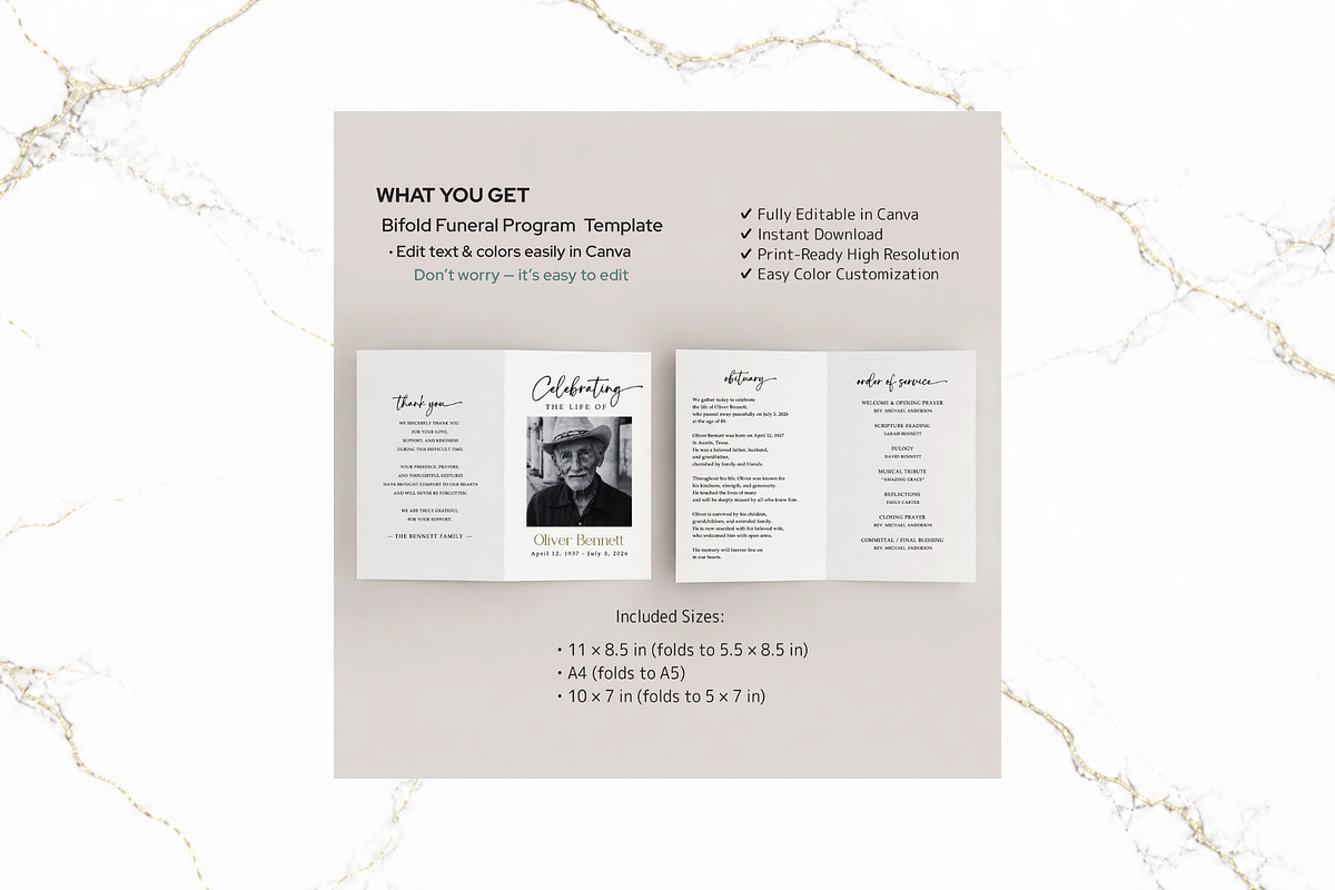 Funeral Bifold Program BW CanvaFR001, a Brochure Template by TyphoonStudio (Photo 2 of 8)