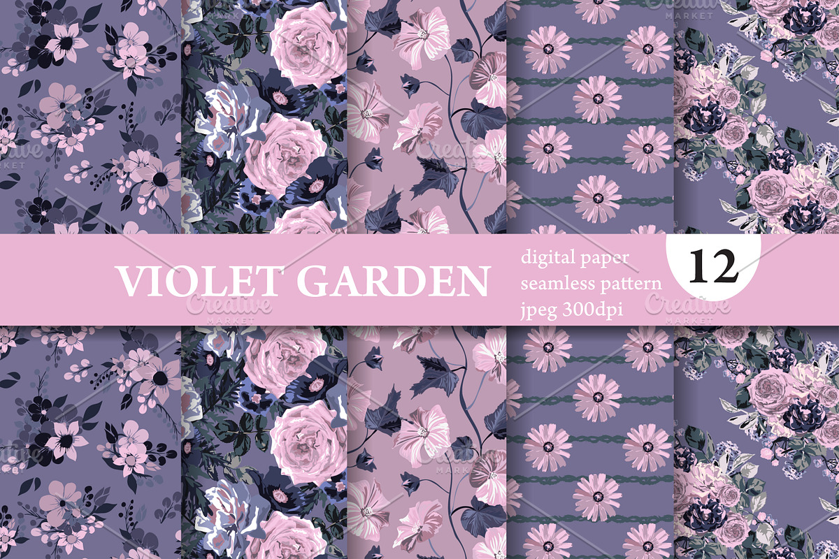 12 Violet Flowers Seamless Patterns, a Pattern Graphic by Sunset&Sea Design (Photo 1 of 4)