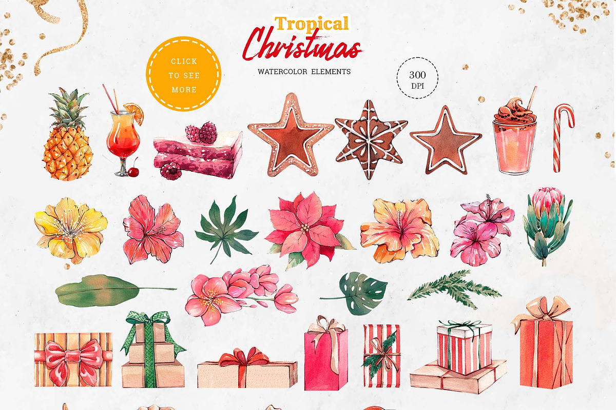 Watercolor Tropical Christmas set, a Seasonal Illustration by VerAna (Photo 5 of 19)