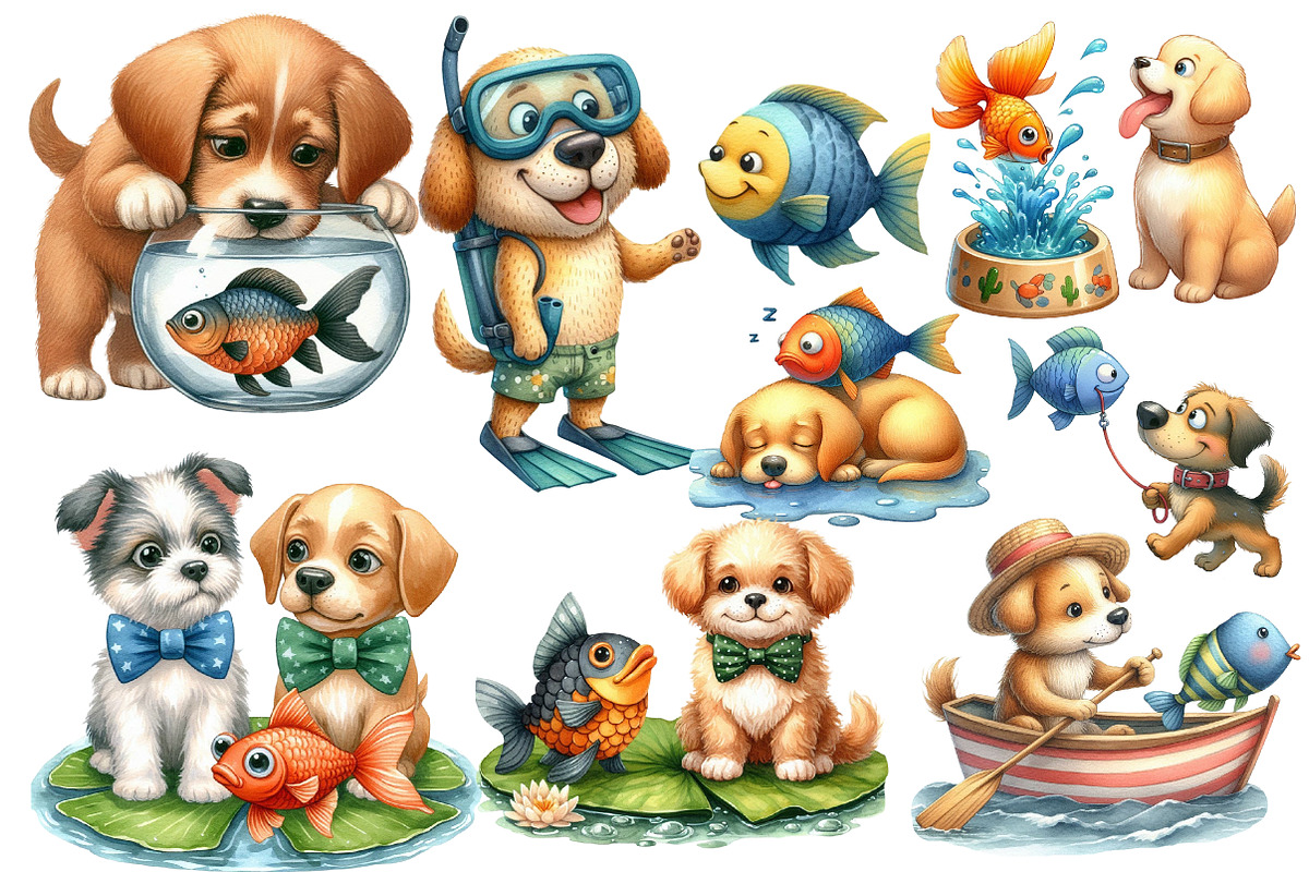 Quirky Dog and Fish Clipart, an Illustration by Designworld (Photo 3 of 4)