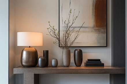 Modern Console Table Decor with Lamp and Abstract Painting, an Abstract Photo by Natalia Klenova's Shop