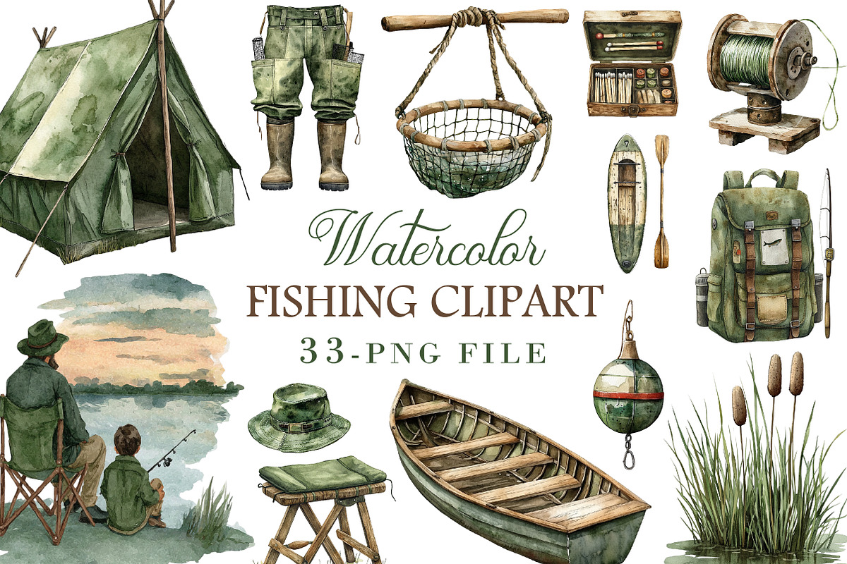 Watercolor Fishing Clipart, an Illustration by Libby Wishes (Photo 1 of 5)
