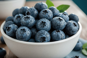 Plump blueberries in a bowl with mint leaves