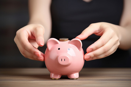 Female hand putting coin into piggybank on wooden background, a Business Photo by AlyaAnd