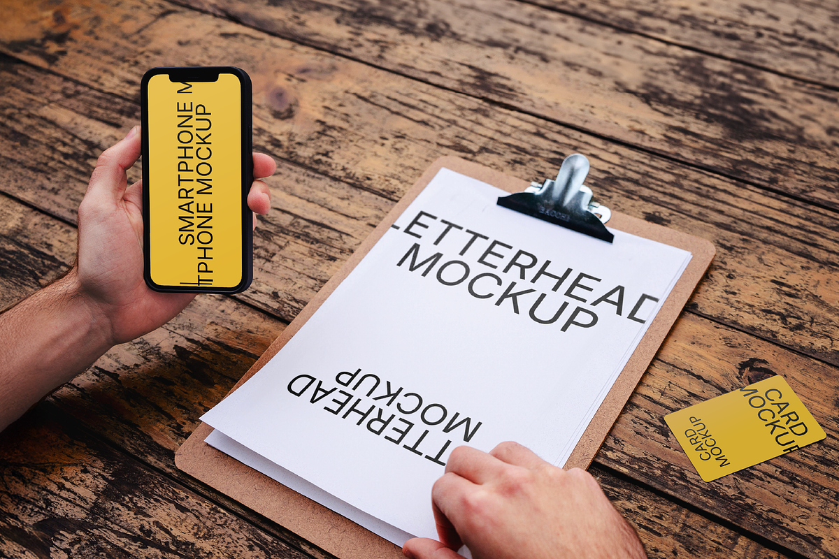 Clipboard, Card and Phone Mockups, a Mockup by rodrigofkaminski (Photo 2 of 4)