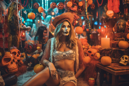 Beautiful woman with scary makeup for a Halloween - themed party, a Holiday Photo by designvectx