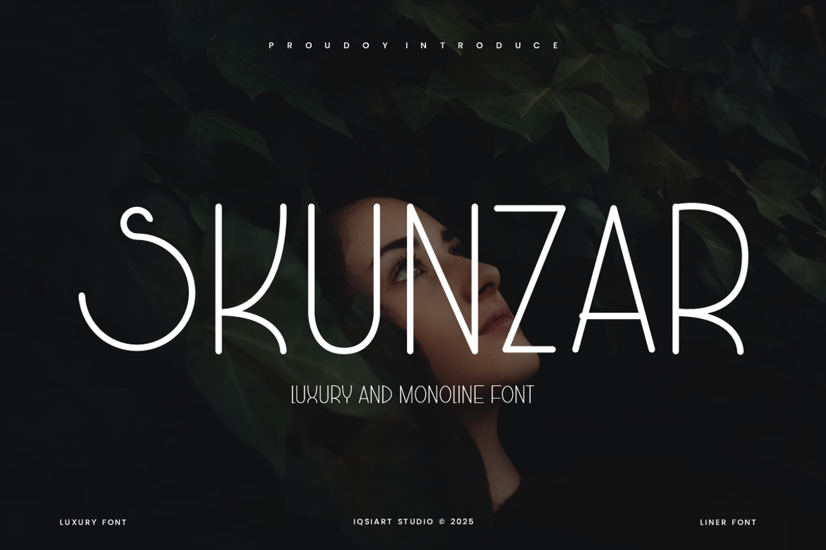 Skunzar - Monoline Font, a Sans Serif Font by Iqsiart Studio (Photo 1 of 6)