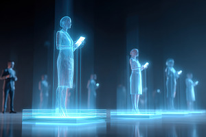 Figures in futuristic holographic display interacting with digital devices, a Photo by AlyaAnd