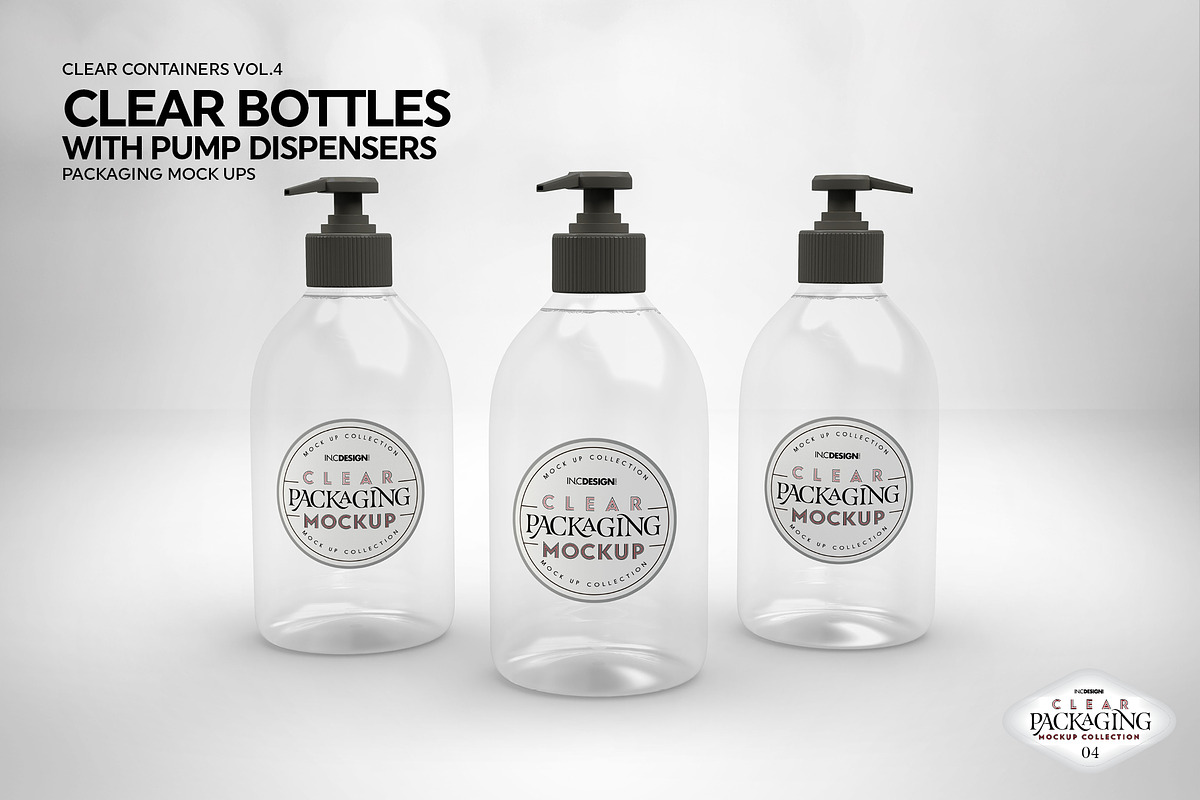 Clear Bottles Pump Dispensers Mockup, a Cups & Container Mockup by INCDesign (Photo 3 of 8)