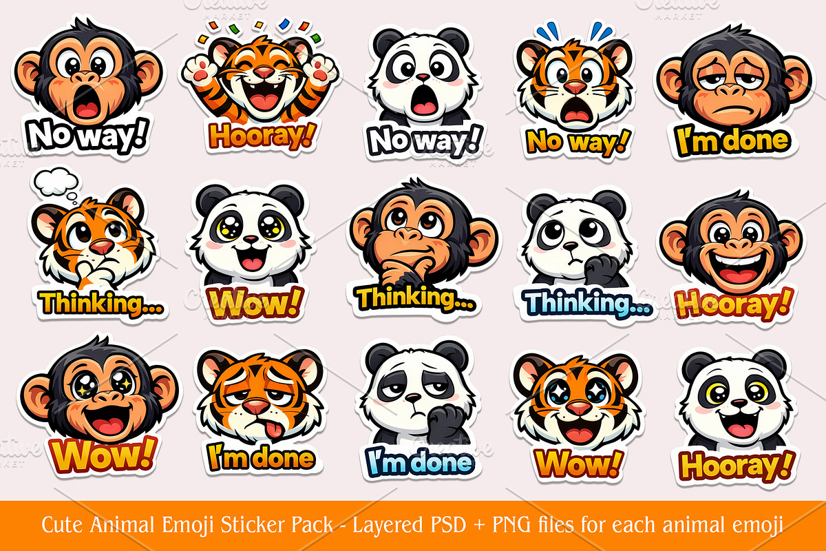 Cute Animal Emoji Sticker Pack, an Animal Illustration by Black Cat Studio (Photo 1 of 5)