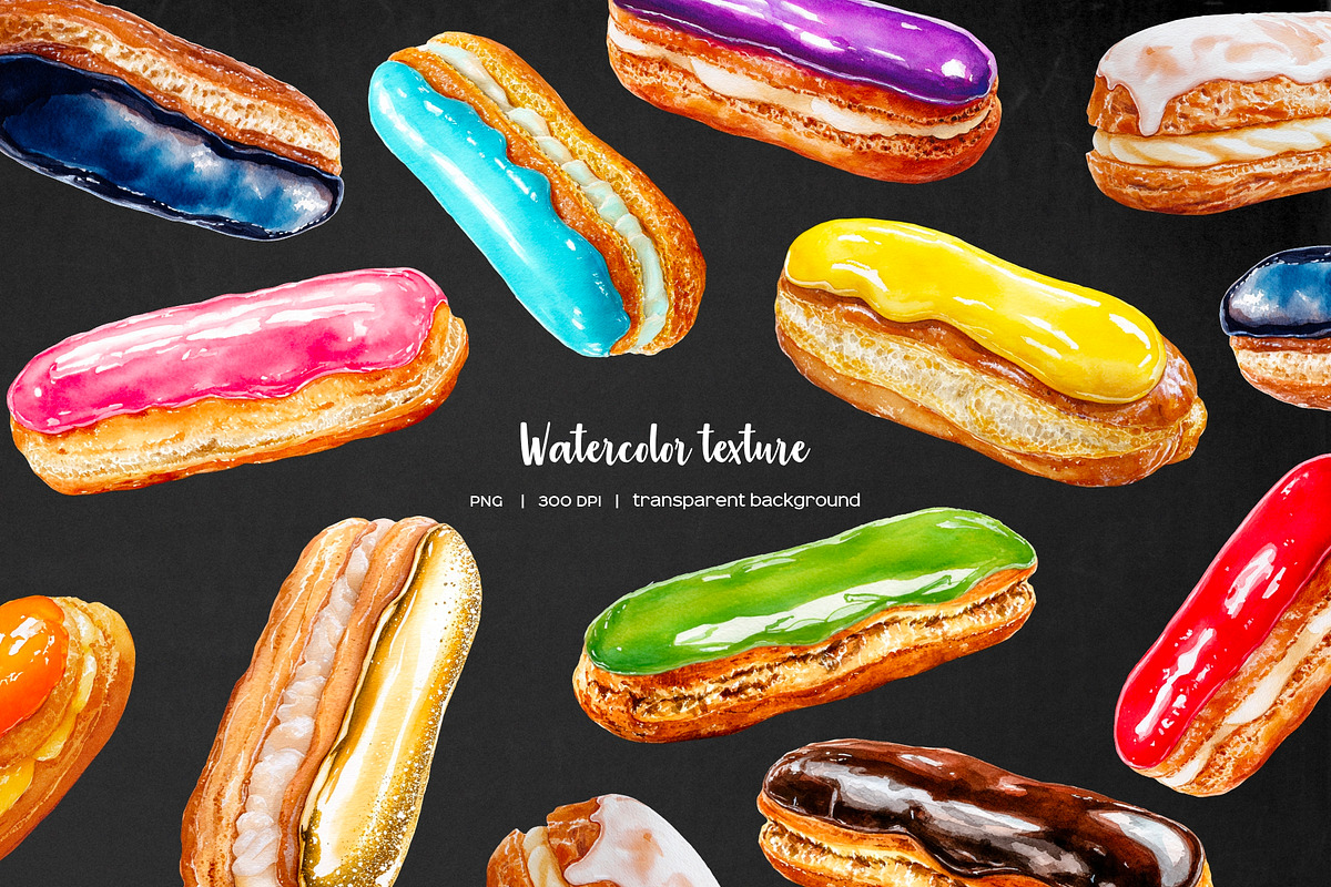 Watercolor 11 colorful eclairs clipart