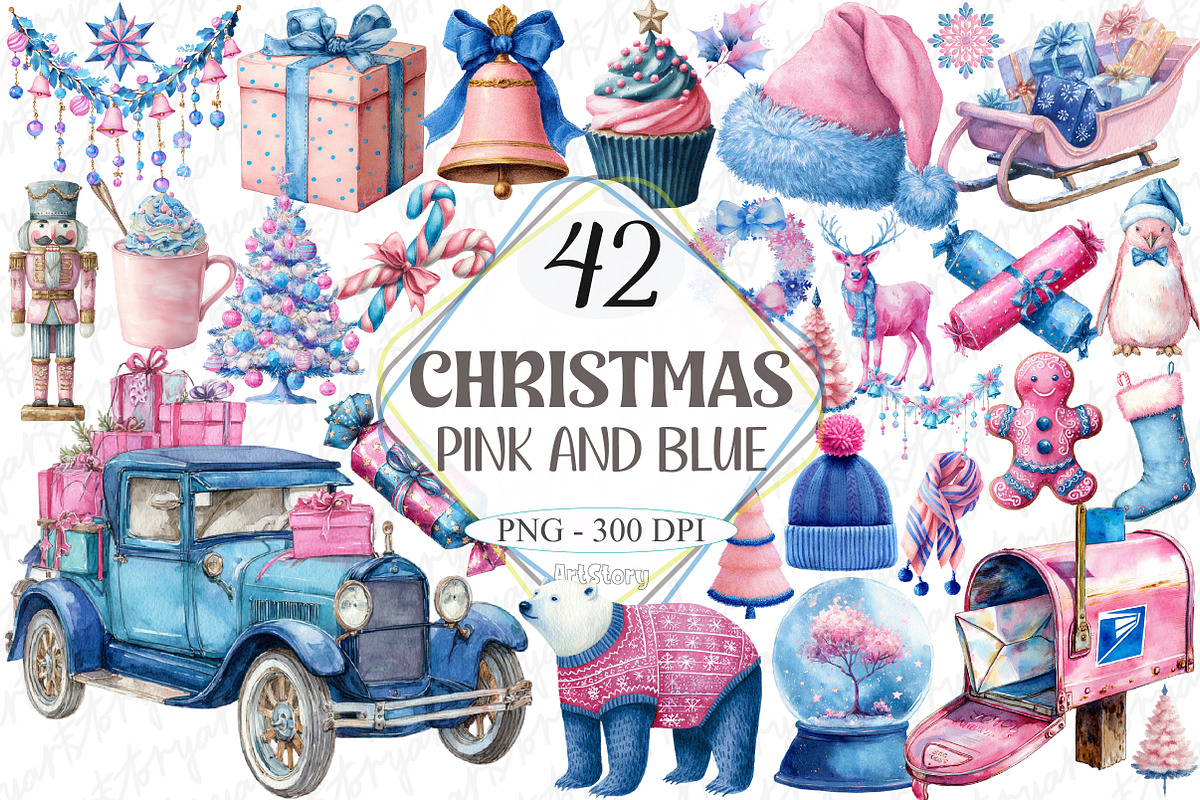 Pink and Blue Christmas Clipart, a Graphic by designcity5 (Photo 1 of 5)