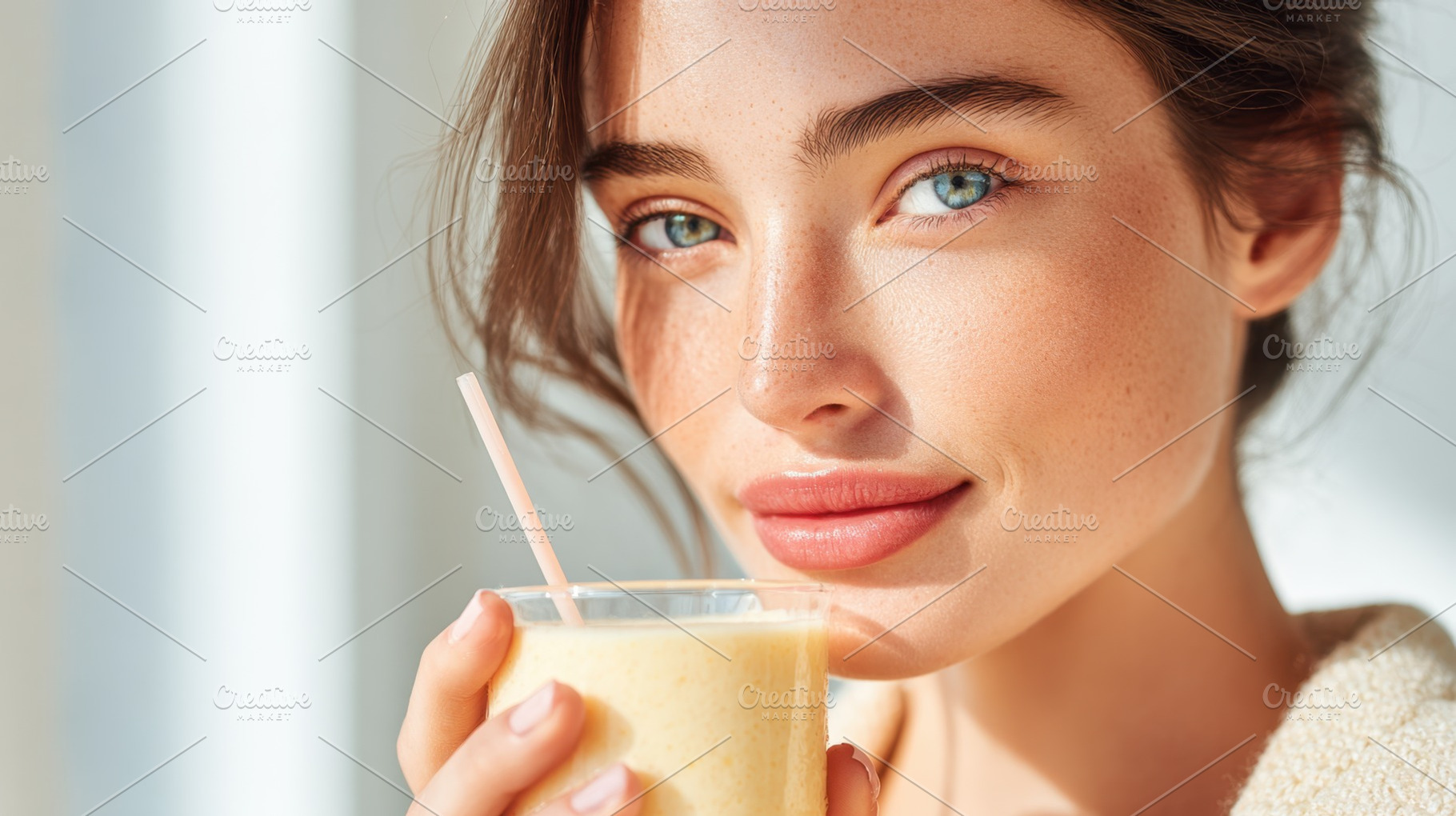 Woman sips smoothie in light, a Photo by Beautiful things