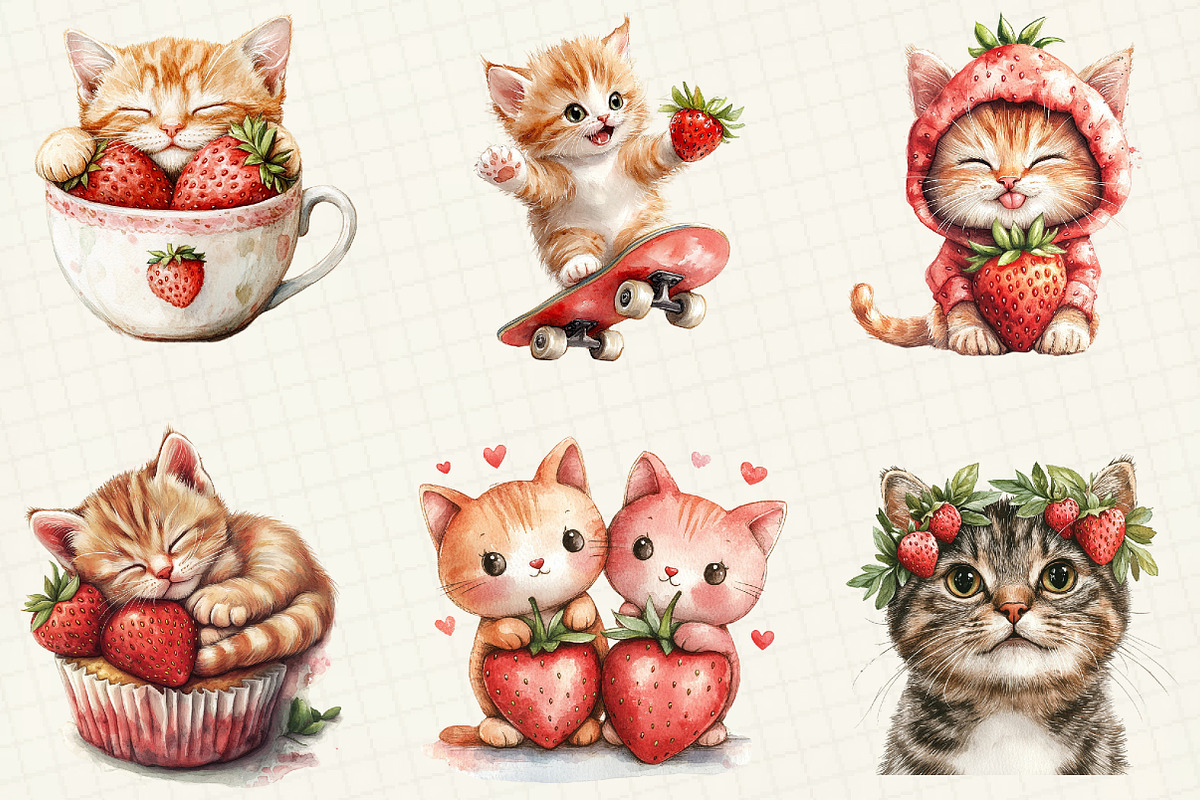 Strawberry Cat Sublimation Clipart, an Illustration by OK Design (Photo 3 of 5)