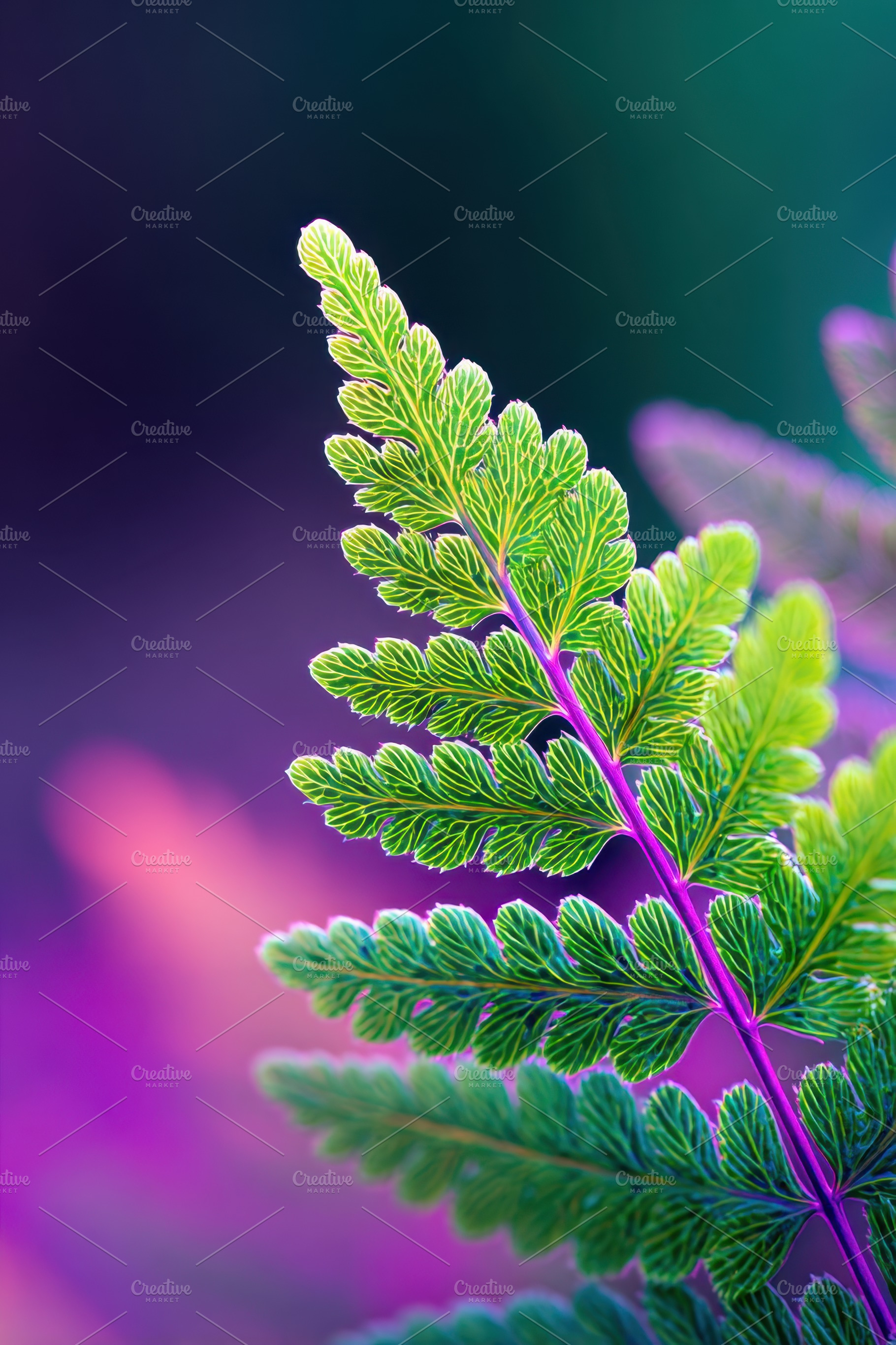 Vibrant fern leaf in green and pink hues, a Nature Photo by AlyaAnd