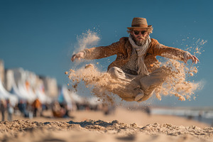 Man leaps on the beach creating sand spray in a sunny outdoor vacation scene to, a Photo by AS photostudio