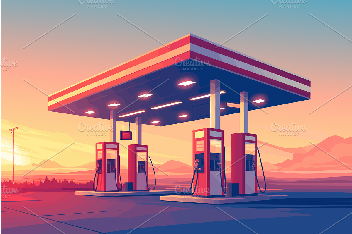 Cartoon gas station under the roof, a Transportation Illustration by LadadikArt