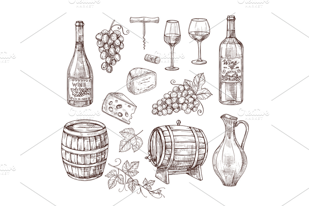 Sketch wine set. Grape, wine bottles, a Background Graphic by Valerie Bodnar