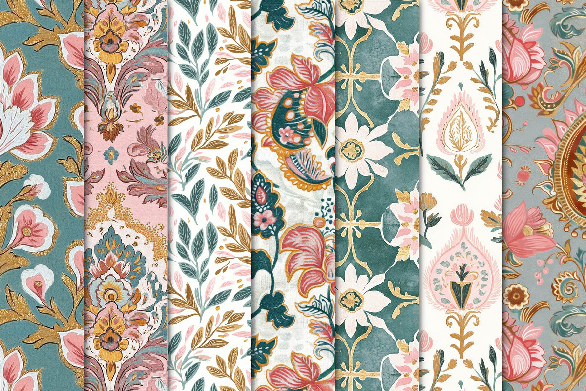 Pink & Teal Indian Floral Patterns, a Pattern Graphic by Maishop (Photo 2 of 3)