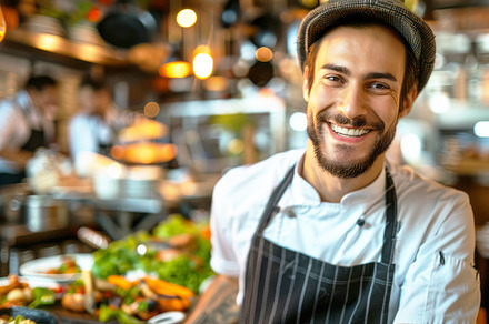 Chef smiling while holding a tray of food in a busy restaurant, a Person Photo by ImageMir