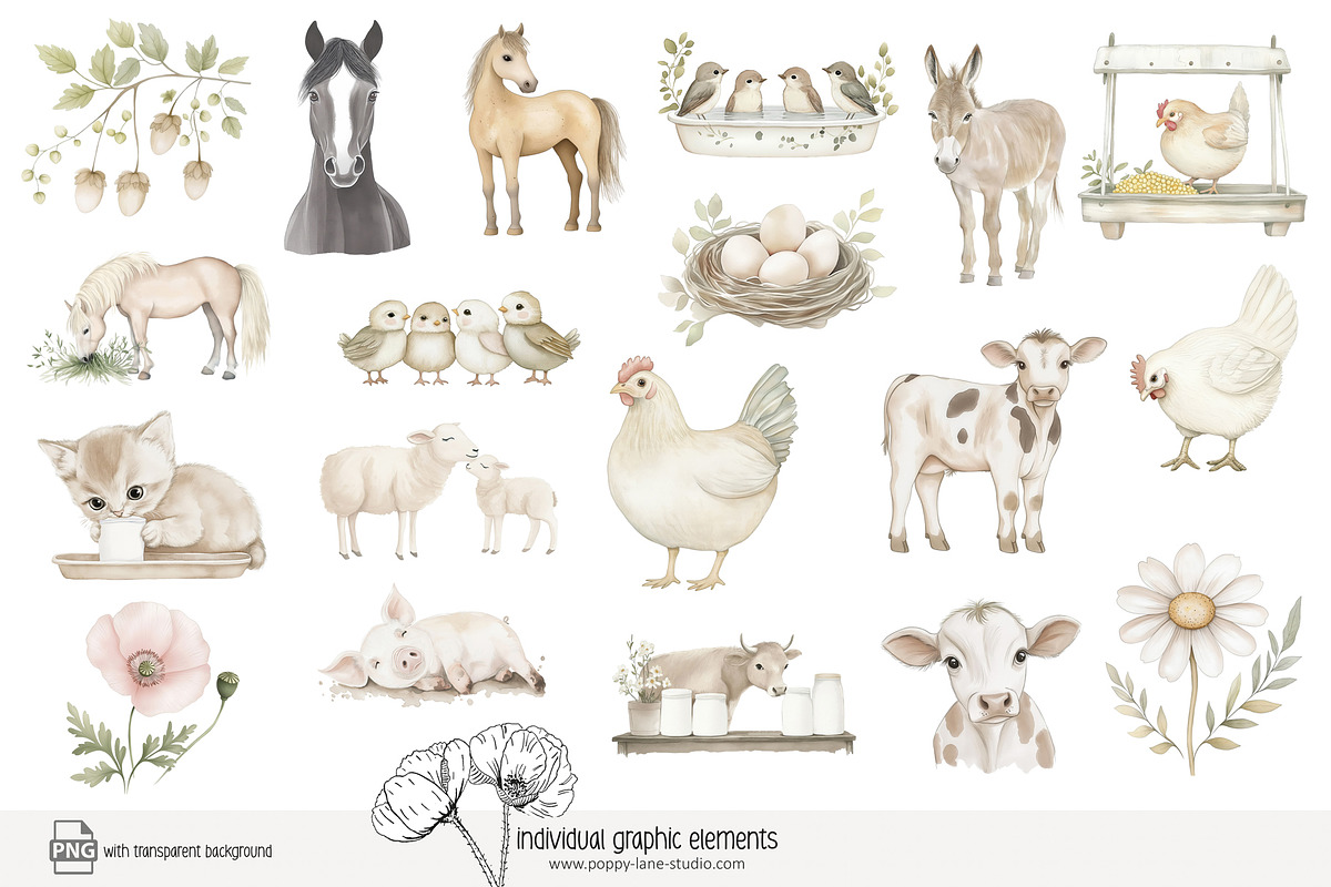 85 pastel farm animals clip art, an Animal Illustration by Poppy Lane Studio (Photo 7 of 11)