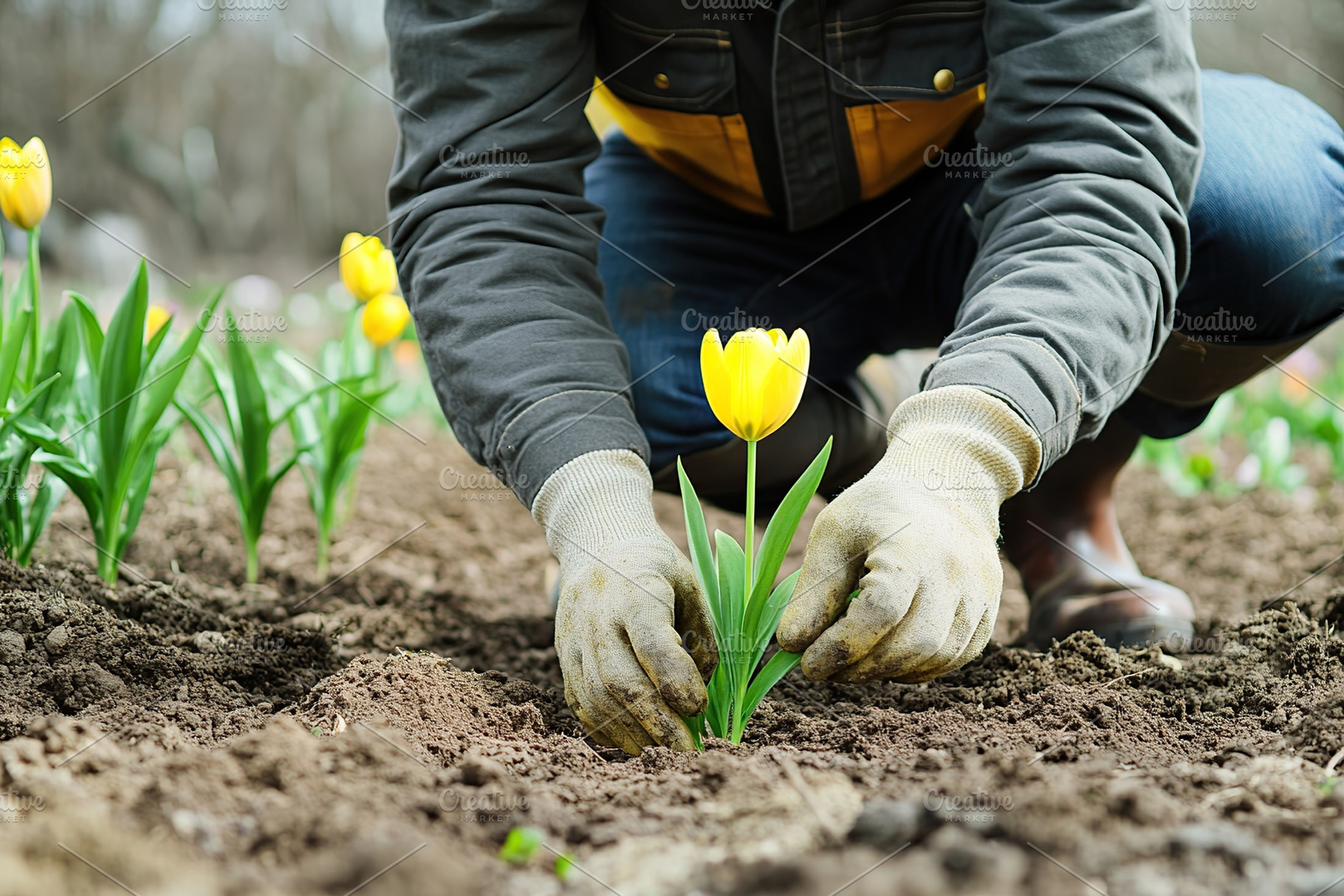 Gardener in gardening gloves planting flowers in springtime, a Photo by AlyaAnd