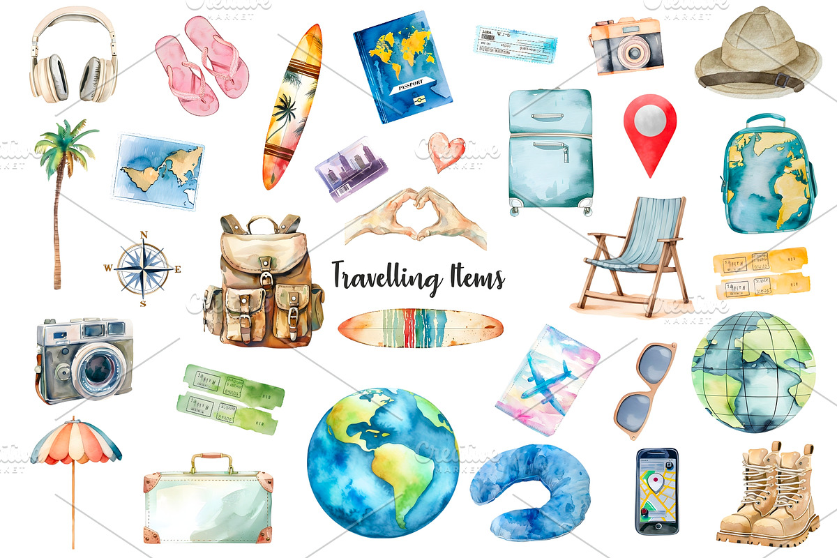 Watercolor travel clipart 44 PNG, an Object Illustration by Art and Funny (Photo 2 of 4)