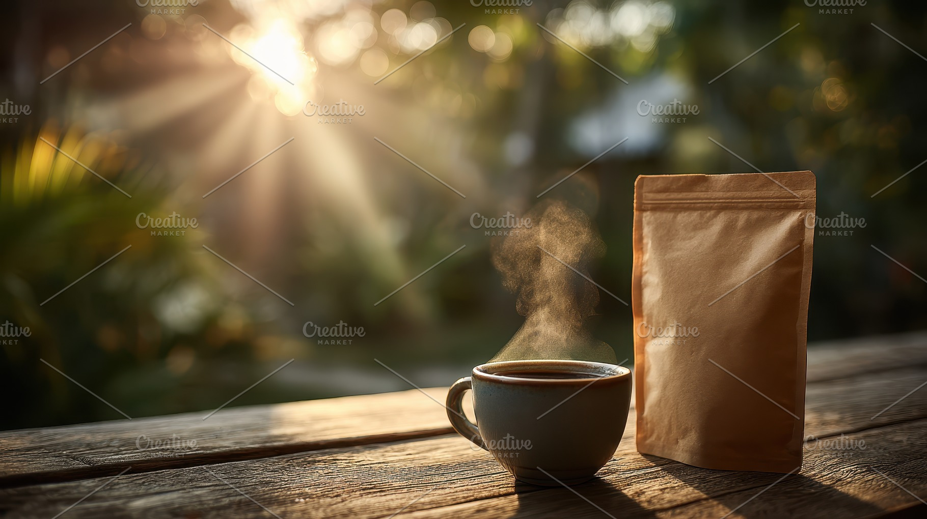 Morning Coffee Sunbeams Wooden Table, a Photo by Pixeness Studio