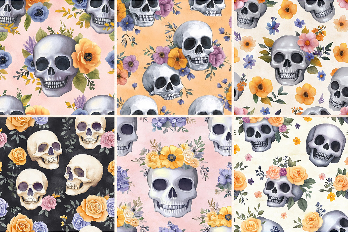 Floral Skull Digital Paper, a Pattern Graphic by Digital Artistic99 (Photo 3 of 7)