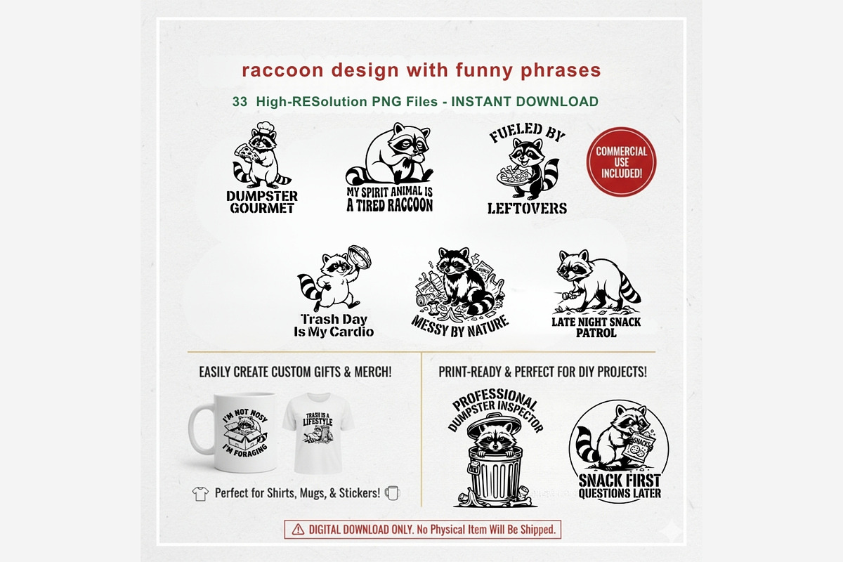 Funny Raccoon Quotes PNG Bundle, an Animal Illustration by Tanya Kart (Photo 8 of 9)