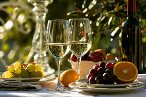 Two white wine glasses and red wine bottle on an outdoor table setting with fre, a Photo by Studio ANNA