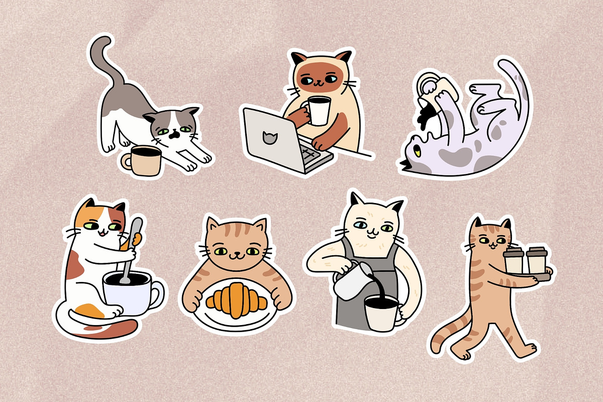 22 Hand Drawn Cats & Coffee Stickers, a Food Illustration by Kristina Chistiakova (Photo 5 of 7)