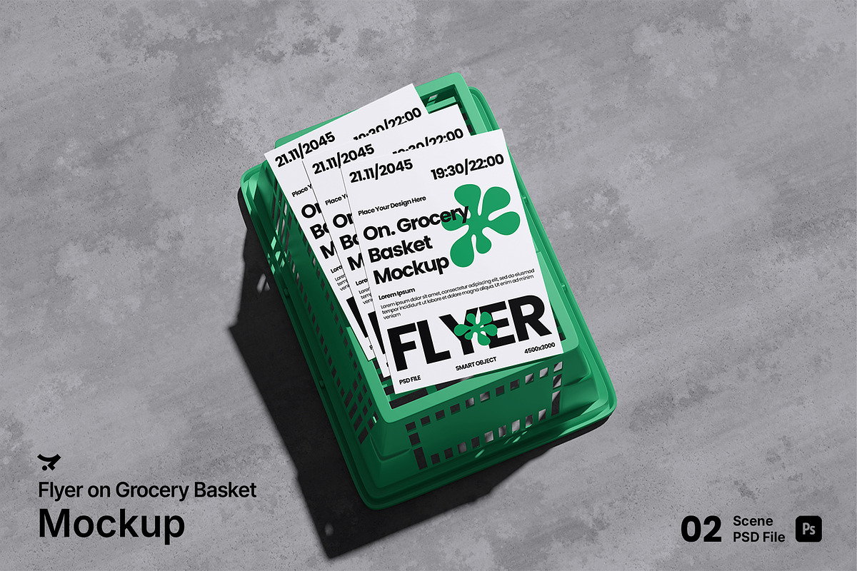 Flyer on Grocery Basket Mockup, an Advertising Mockup by Rielismee (Photo 1 of 5)