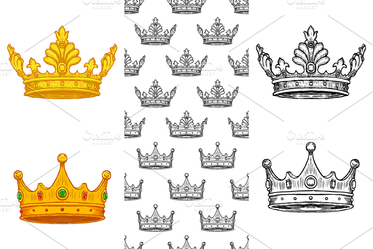 Set of Hand Drawn Crown and Patterns, a Decorative Illustration by idimair
