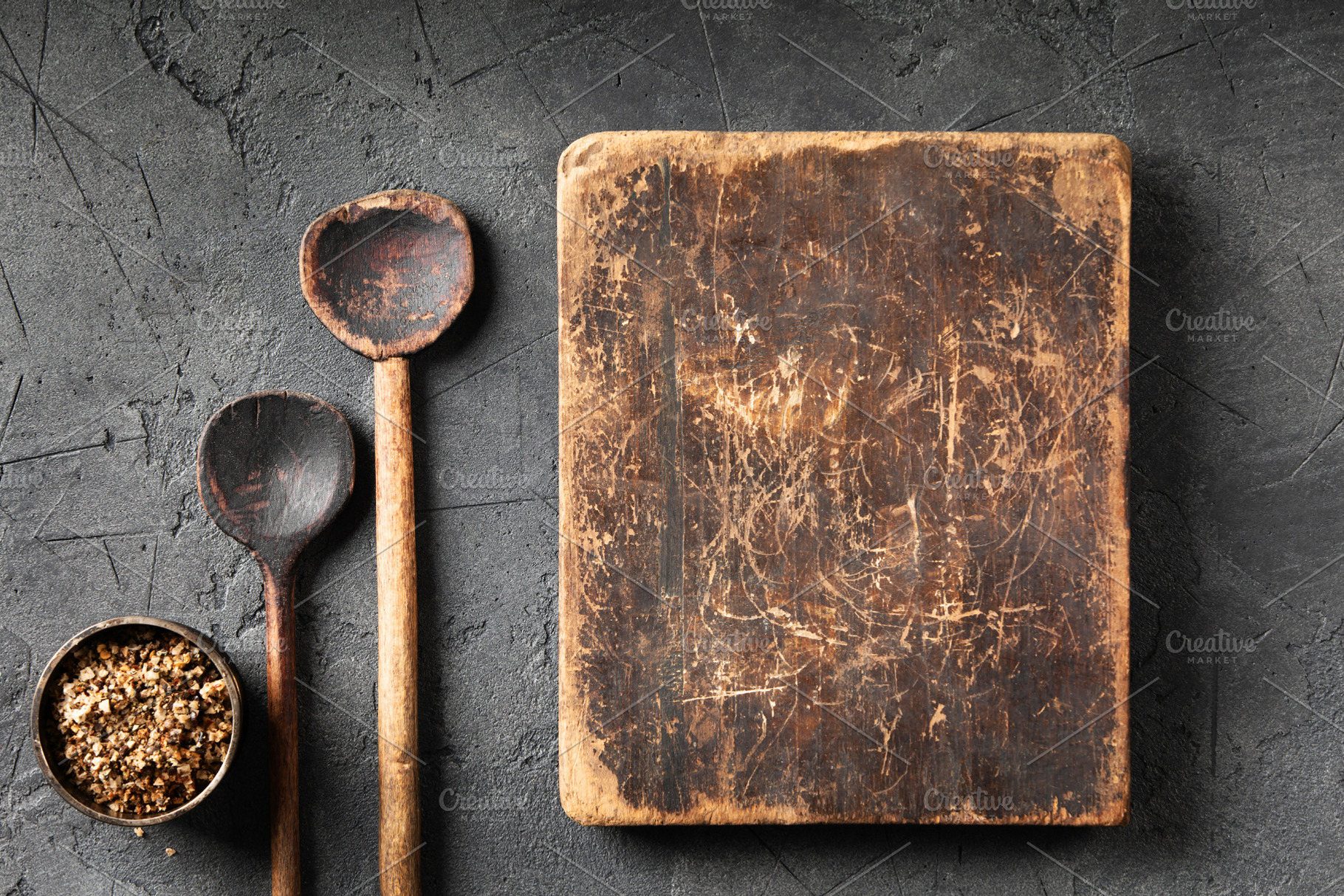 Rustic Wooden Cutting Board with Vintage Spoons and Spices, a Food & Drink Photo by Natalia Klenova's Shop