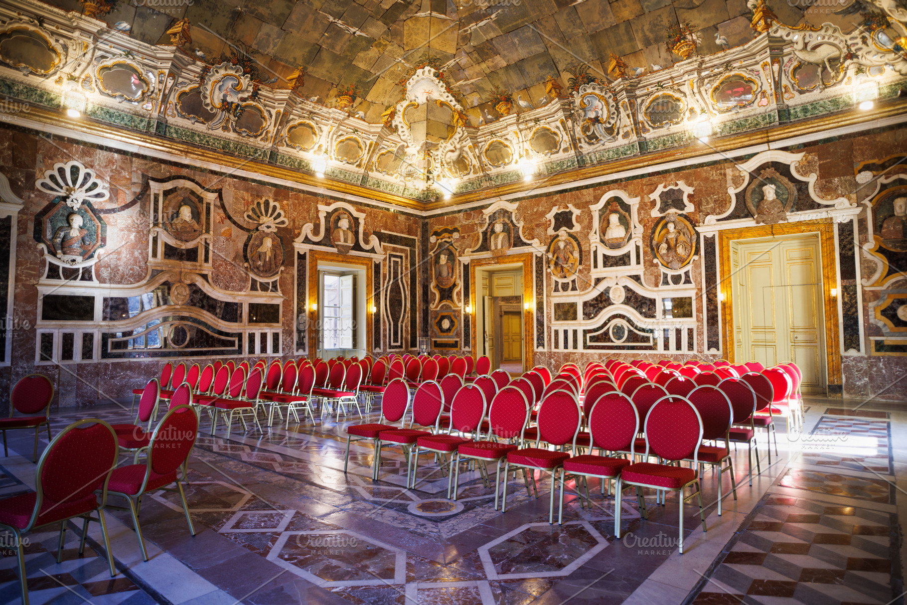 Interior of Villa Palagonia with ornate mirrors and red velvet chairs in the ba, an Architecture Photo by Bepslabor