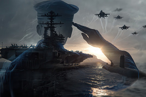 Sailor saluting aircraft carrier sun, a Photo by Pixeness Studio