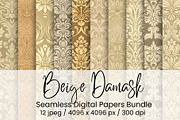 Beige Damask Digital Paper, an Illustration by Mashimara (Thumbnail 1 of 4)