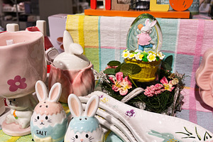 Easter themed decor featuring bunny salt and pepper shakers on c, a Photo by AS photostudio