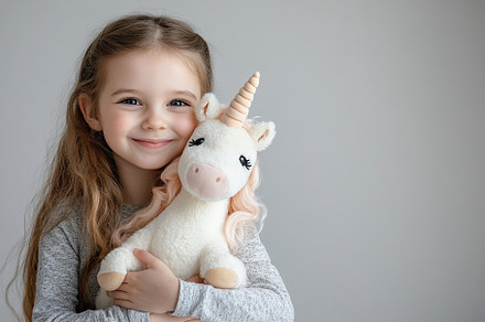 Smiling girl embraces soft unicorn plush toy in a cozy indoor setting, a Person Photo by AlyaAnd