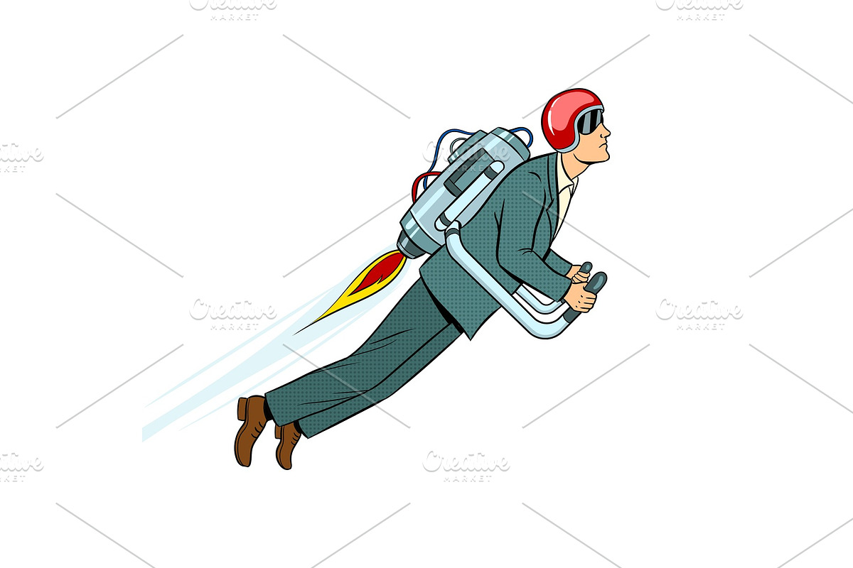 Man flying jet pack pop art style vector, a Person Illustration by AlexArt