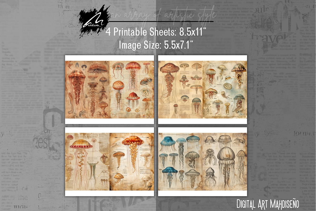 Jellyfish Anatomy Junk Journal Pages, an Animal Illustration by Digital Art Mahdiseño (Photo 4 of 10)