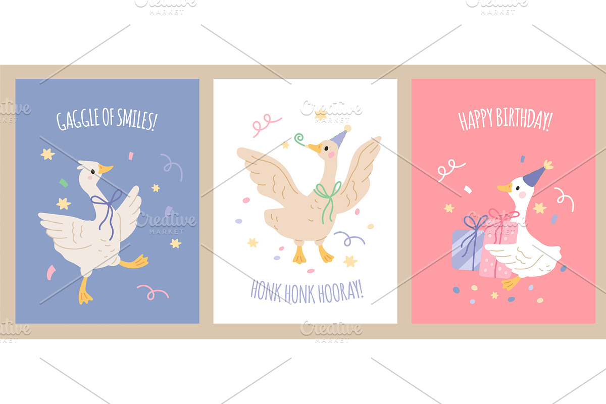 Funny geese cards. Cute farm birds, an Animal Illustration by YummyBuum