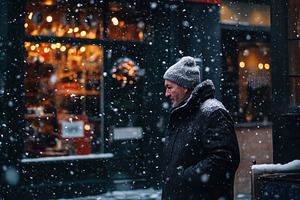 Man walking past shop window in snow, a Photo by Iftikhar Alam