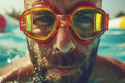 Swimmer in pool with goggles looking, a Photo by Dvoevnore photos