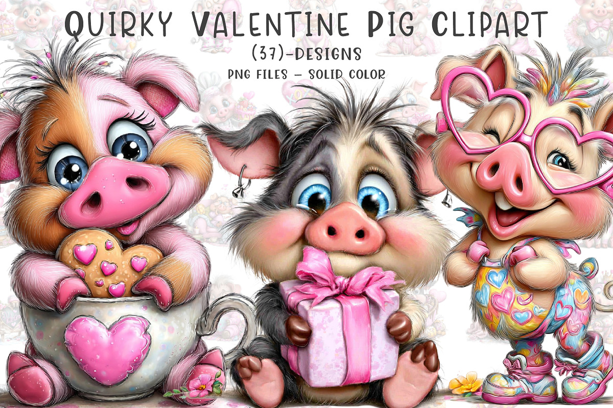 quirky valentine pig clipart, an Illustration by CreationArt (Photo 1 of 5)