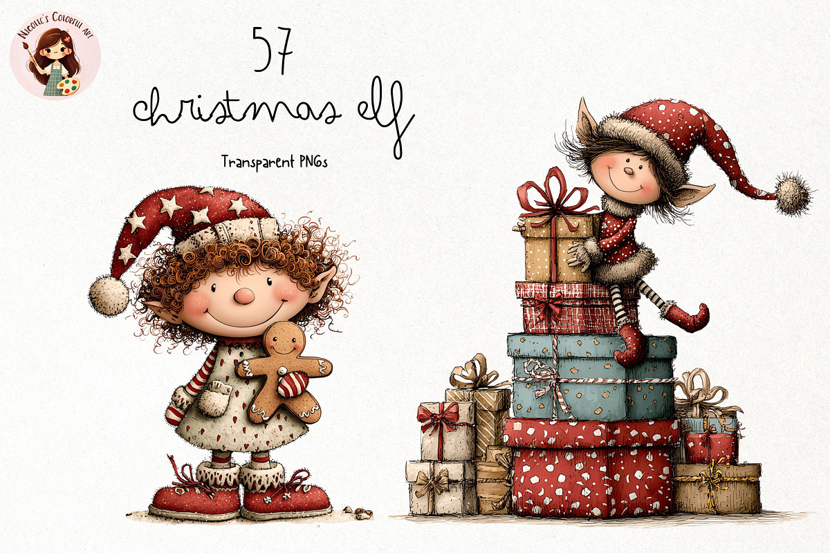 Whimsical Christmas Elves Clipart, a Seasonal Illustration by Nicolle's Colorful Art (Photo 1 of 3)