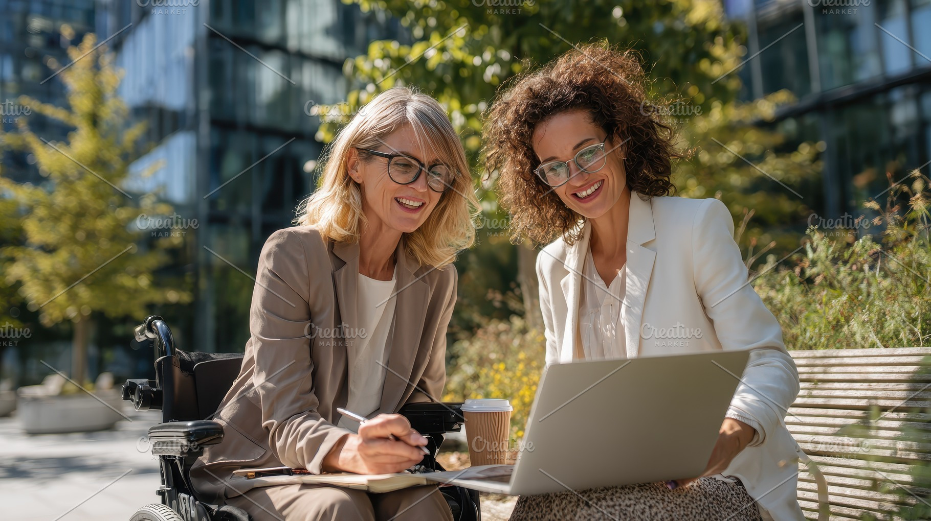 Two businesswomen working outdoors o, a Photo by Pixeness Studio